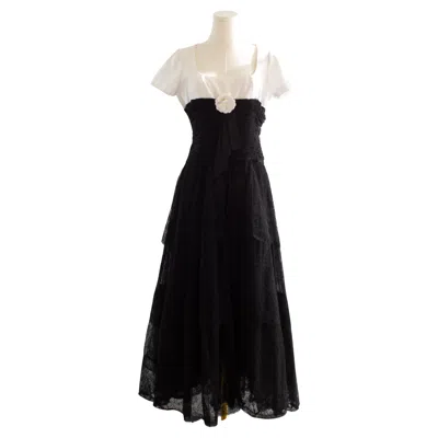 Pre-owned Chanel Vintage S/s 1988 White Black Lace Camellia Bow Dress Gown