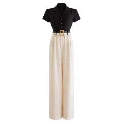 Pre-owned Chanel Vintage S/s 1995 Barbie Black White Cc Belt Linen Jumpsuit 95p