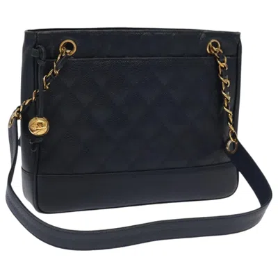 Pre-owned Chanel Vintage Stitched Cc Shoulder Bag Caviar Leather Bag () In Blue