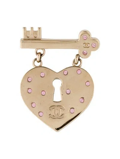 Pre-owned Chanel Vintage Strass Heart Lock & Key Cc Brooch In Pink