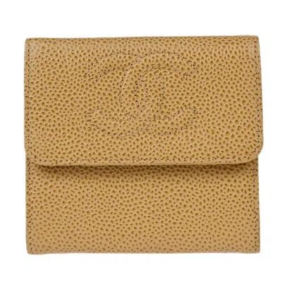 Pre-owned Chanel Vintage Timeless Cc Bifold Wallet Caviar Beige Leather Wallets Accessory () In Sand
