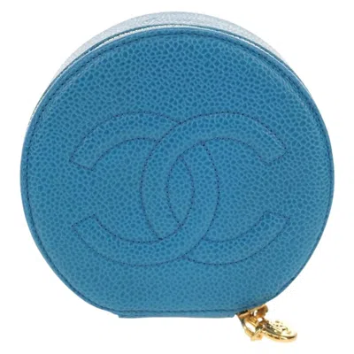 Pre-owned Chanel Vintage Timeless Round Jewelry Case Caviar Blue Leather Wallets Accessory ()