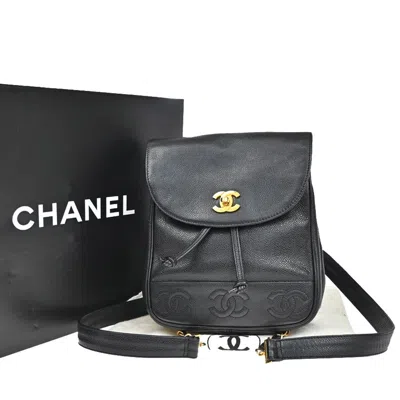 Pre-owned Chanel Vintage Triple Stitched Cc Flap Backpack Caviar Black Calfskin Backpack Bag ()