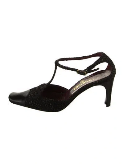 Pre-owned Chanel Vintage Tweed Pattern T-strap Pumps In Black