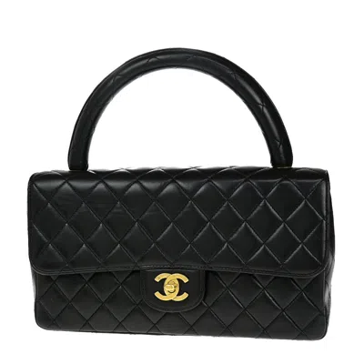 Pre-owned Chanel Vintage Twin Top Handle Flap Bag Quilted Lambskin Black Leather Handbag ()