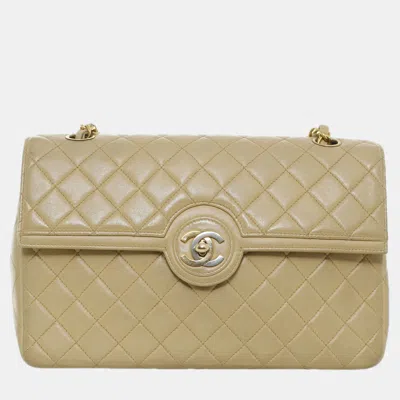Pre-owned Chanel Vintage Two-tone Cc Quilted Single Flap Bag In Sand
