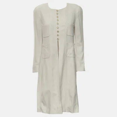 Pre-owned Chanel Viscose Off White Vintage Cc Button Long Blazer Fr 44