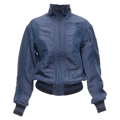 Pre-owned Chanel Viscose Silk Cc Logo Zip Bomber Jacket In Blue