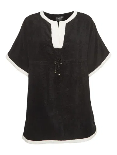 Pre-owned Chanel V-neck Cotton Mini Dress In Black