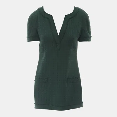 Pre-owned Chanel V-neck Short Sleeve Tunic Mini Dress In Green