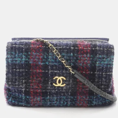 Pre-owned Chanel W Flap Tweed Shoulder Bag Leather Fabric Navy Multicolor