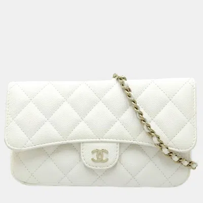 Pre-owned Chanel Wallet Chain Flap Phone Case Matelasse Caviar Leather White