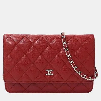 Pre-owned Chanel Wallet Matelasse Shoulder Chain Caviar Skin Red