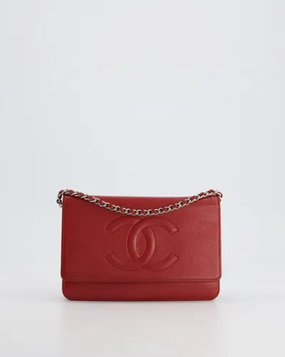 Pre-owned Chanel Wallet On Chain Bag Cc Stitched Logo Caviar Leather With Silver Hardware In Red