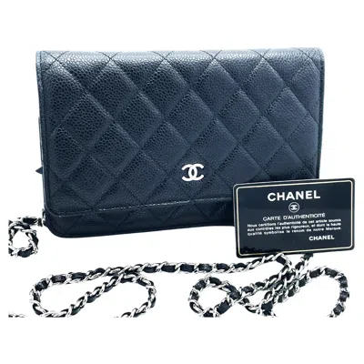 Pre-owned Chanel Wallet On Chain, Black Caviar Leather, Long Carrying Chain , Id Carte