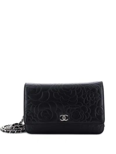Pre-owned Chanel Wallet On Chain Camellia Lambskin Crossbody Bag In Black