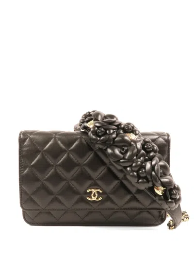 Pre-owned Chanel Wallet On Chain Camellia Quilted Crossbody Bag In Black