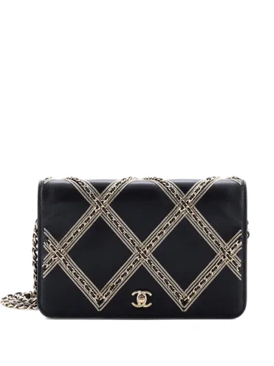 Pre-owned Chanel Wallet On Chain Chain Embellished Quilted Lambskin Crossbody Bag In Black
