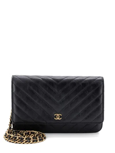 Pre-owned Chanel Wallet On Chain Chevron Calfskin Crossbody Bag In Black