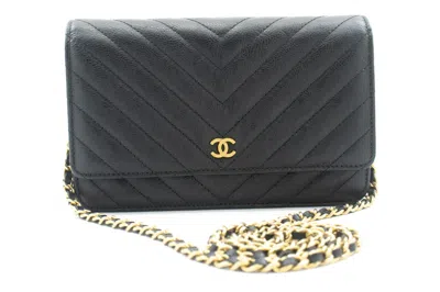 Pre-owned Chanel Wallet On Chain Chevron Caviar Black Calfskin Wallets Accessory ()