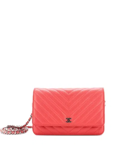 Pre-owned Chanel Wallet On Chain Chevron Caviar Crossbody Bag In Pink