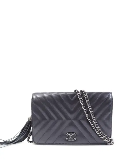 Pre-owned Chanel Wallet On Chain Chevron-quilted Crossbody Bag In Black