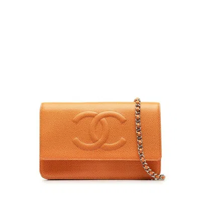 Pre-owned Chanel Wallet On Chain Leather Shoulder Bag () In Orange