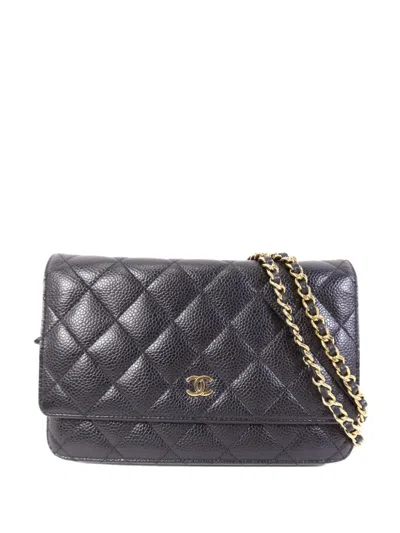 Pre-owned Chanel Wallet On Chain Quilted Calfskin Shoulder Bag In Black