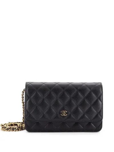 Pre-owned Chanel Wallet On Chain Quilted Caviar Crossbody Bag In Black