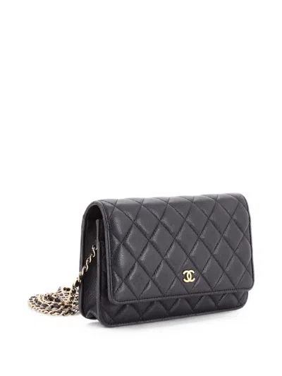 Pre-owned Chanel Wallet On Chain Quilted Caviar Crossbody Bag In Black
