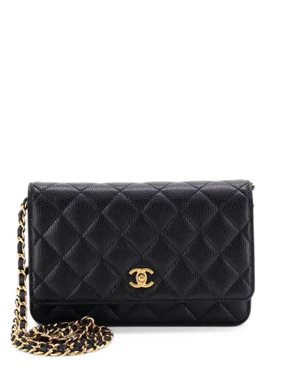 Pre-owned Chanel Wallet On Chain Quilted Caviar Crossbody Bag In Black
