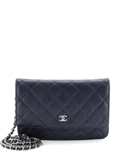 Pre-owned Chanel Wallet On Chain Quilted Caviar Crossbody Bag In Blue