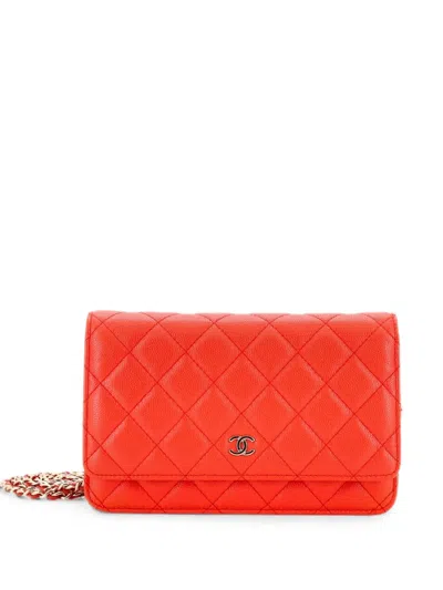 Pre-owned Chanel Wallet On Chain Quilted Caviar Crossbody Bag In Orange
