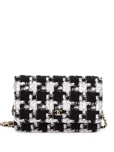 Pre-owned Chanel Wallet On Chain Quilted Houndstooth Tweed And Ribbon Crossbody Bag In Black