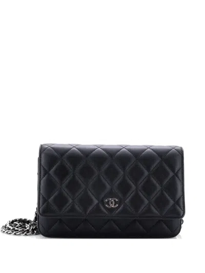 Pre-owned Chanel Wallet On Chain Quilted Lambskin Crossbody Bag In Black