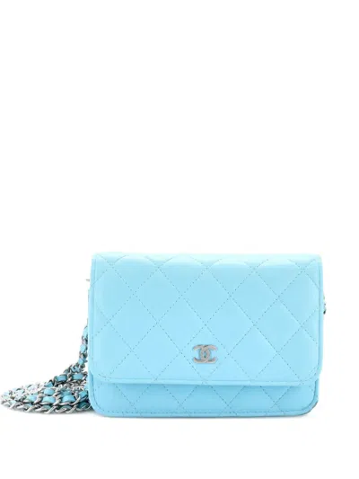 Pre-owned Chanel Wallet On Chain Quilted Lambskin Mini Crossbody Bag In Blue