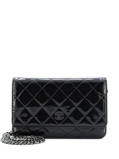 Pre-owned Chanel Wallet On Chain Quilted Patent Crossbody Bag In Black