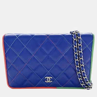 Pre-owned Chanel Wallet Shoulder Wallet Bag Lambskin Matelasse Blue Coco Mark