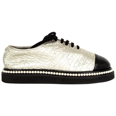 Pre-owned Chanel Warm Silver Platform Derby Flats Shoes 38 In Sand