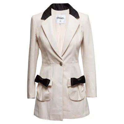 Pre-owned Chanel White & Black  Cotton Bow-accented Longline Blazer Size Fr 34