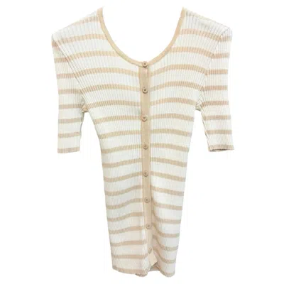 Pre-owned Chanel White Beige Cotton Knitted Stripe Short Sleeves Cardigan Top