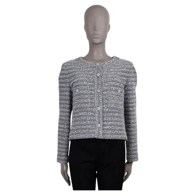 Pre-owned Chanel White Black Silver Cotton 24p Iridescent Tweed Jacket 44 Fits 40 M