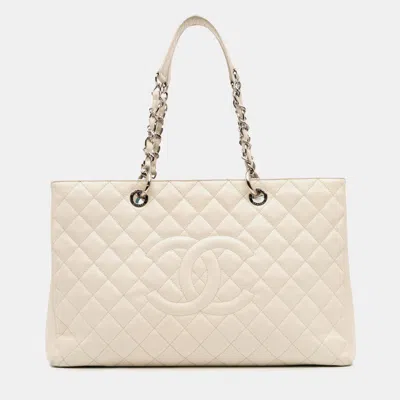 Pre-owned Chanel White Caviar Grand Shopping Tote Xl
