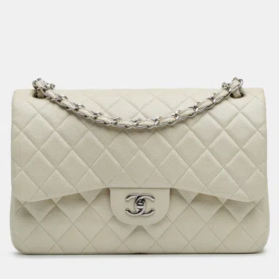 Pre-owned Chanel White Caviar Jumbo Classic Double Flap