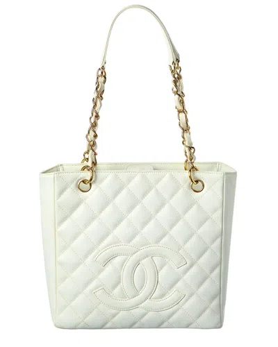 Pre-owned Chanel White Caviar Leather Caviar Quilted Petit Shopping Tote Pst (authentic Pre-loved)