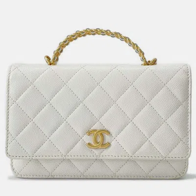Pre-owned Chanel White Caviar Leather Chain Wallet On Chain