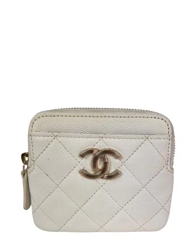Pre-owned Chanel White Caviar Leather Quilted Cc Zip Card Holder White Wallet (authentic Pre-loved)