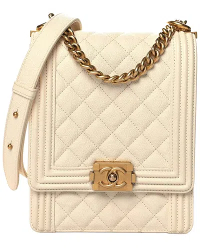 Pre-owned Chanel White Caviar Leather Quilted North South Boy Flap (authentic Pre-loved)