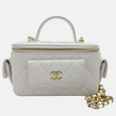 Pre-owned Chanel White Caviar Quilted Polly Pocket East West Top Vanity With Chain