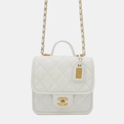 Pre-owned Chanel White Caviar School Memory Mini Top Handle Flap